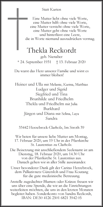 Traueranzeige von Thekla Reckordt von Die Glocke