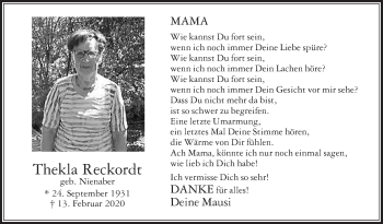 Traueranzeige von Thekla Reckordt von Die Glocke
