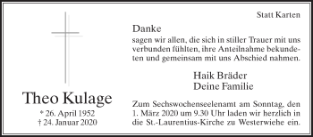 Traueranzeige von Theo Kulage von Die Glocke