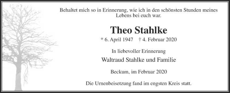  Traueranzeige für Theo Stahlke vom 15.02.2020 aus Die Glocke
