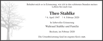 Traueranzeige von Theo Stahlke von Die Glocke