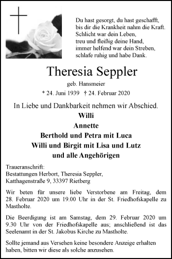 Traueranzeige von Theresia Seppler von Die Glocke