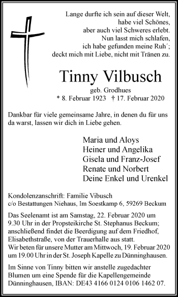 Traueranzeige von Tinny Vilbusch von Die Glocke