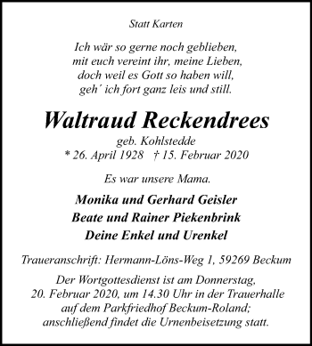 Traueranzeige von Waltraud Reckendrees von Die Glocke