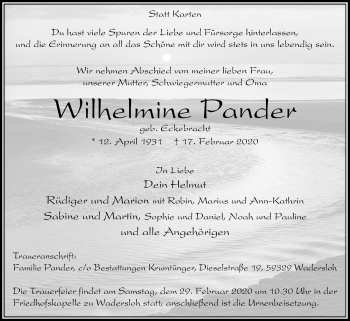 Traueranzeige von Wilhelmine Pander von Die Glocke