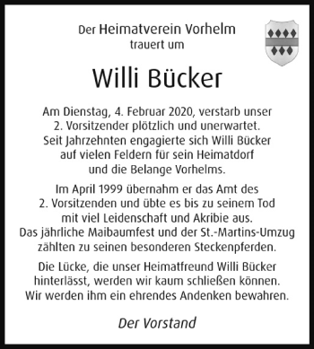 Traueranzeige von Willi Bücker von Die Glocke