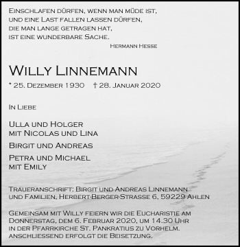 Traueranzeige von Willy Linnemann von Die Glocke