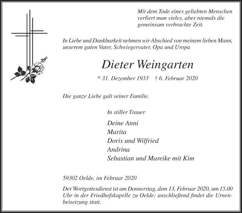  Traueranzeige für Dieter Weingarten vom 08.02.2020 aus DIE GLOCKE