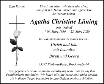 Traueranzeige von Agatha Christine Lüning von Die Glocke