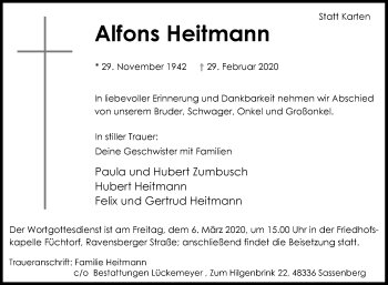 Traueranzeige von Alfons Heitmann von Die Glocke