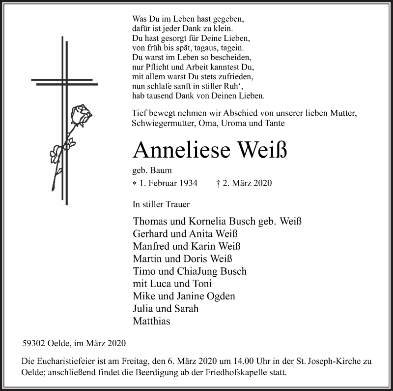  Traueranzeige für Anneliese Weiß vom 04.03.2020 aus Die Glocke