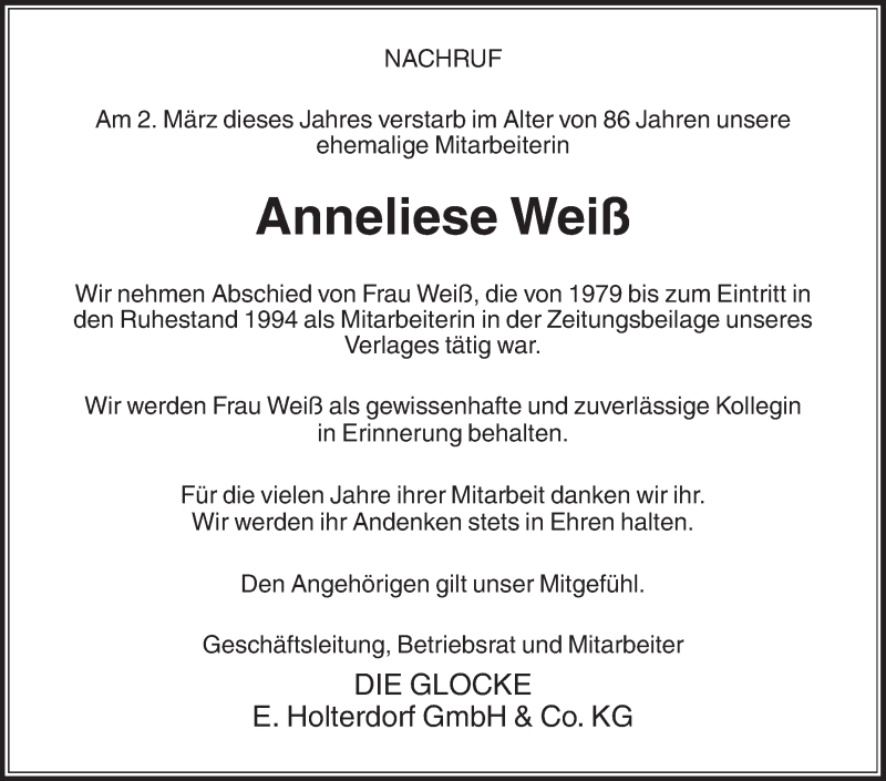  Traueranzeige für Anneliese Weiß vom 04.03.2020 aus Die Glocke