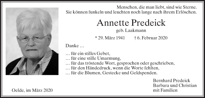  Traueranzeige für Annette Predeick vom 21.03.2020 aus Die Glocke