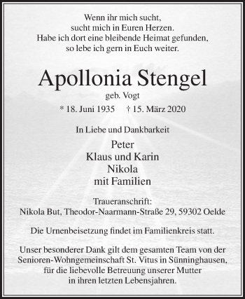 Traueranzeige von Apollonia Stengel von Die Glocke