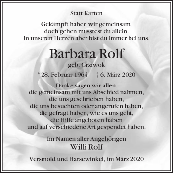 Traueranzeige von Barbara Rolf von Die Glocke