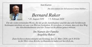 Traueranzeige von Bernard Raker von Die Glocke