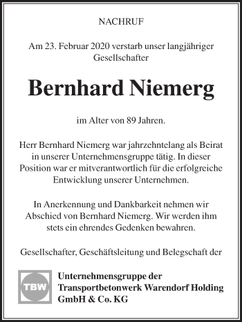 Traueranzeige von Bernhard Niemerg von Die Glocke