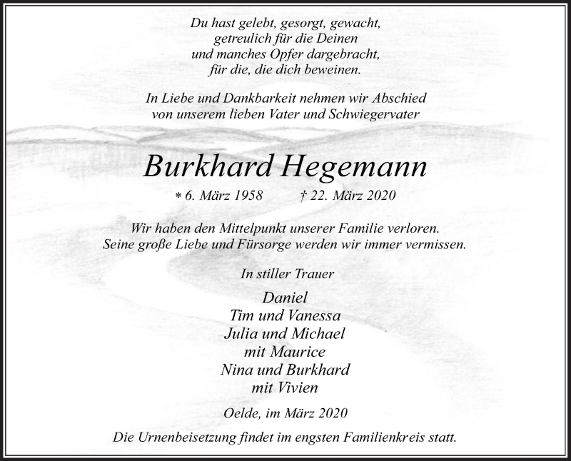 Traueranzeige für Burkhard Hegemann vom 28.03.2020 aus Die Glocke