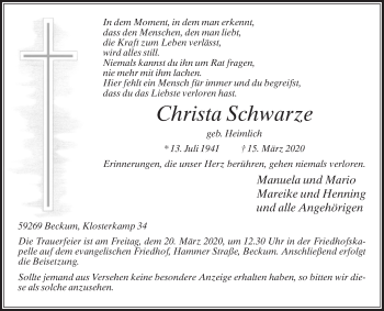 Traueranzeige von Christa Schwarze von Die Glocke