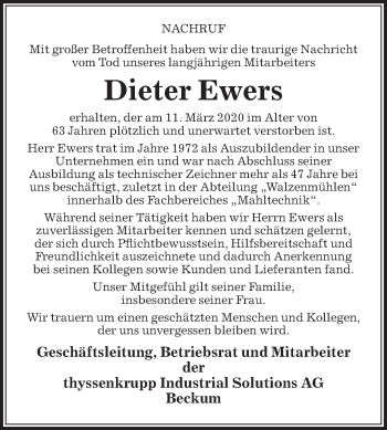 Traueranzeige von Dieter Ewers von Die Glocke