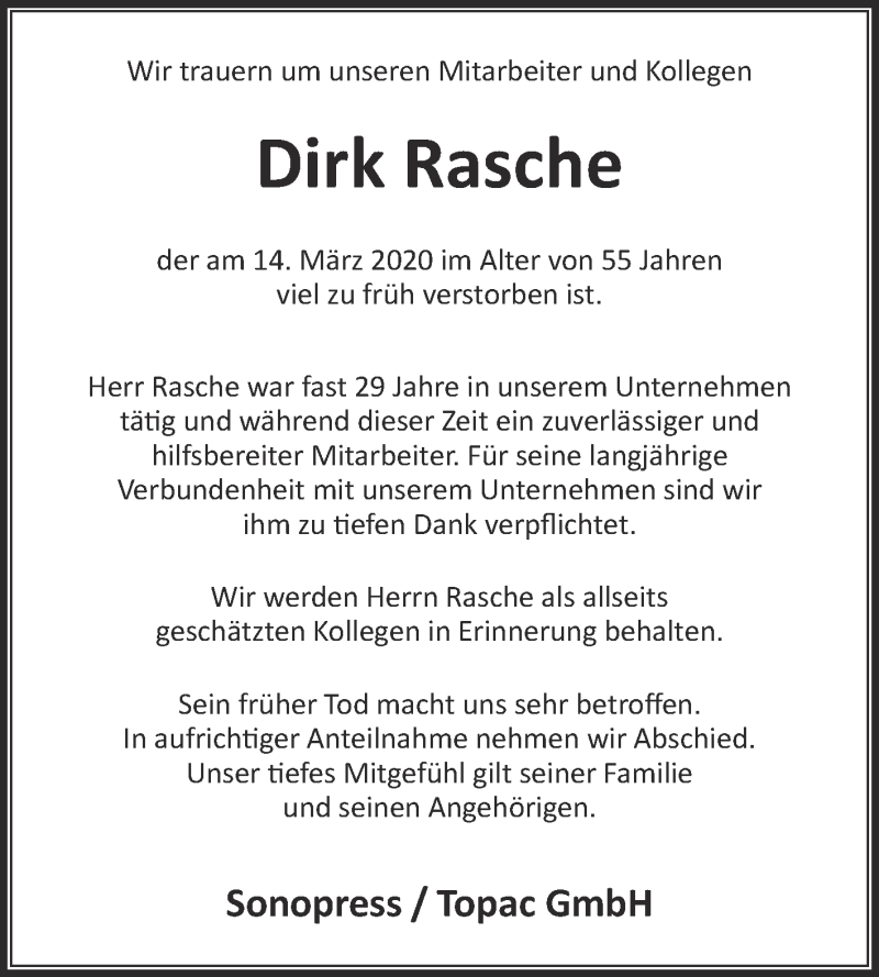  Traueranzeige für Dirk Rasche vom 21.03.2020 aus Die Glocke
