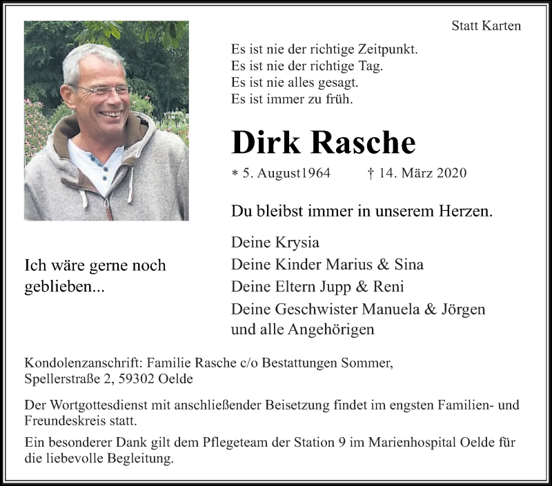  Traueranzeige für Dirk Rasche vom 18.03.2020 aus Die Glocke