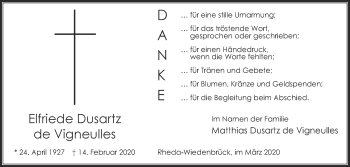 Traueranzeige von Elfriede Dusartz de Vigneulles von Die Glocke