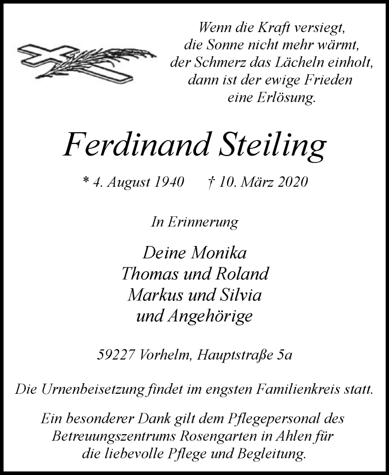  Traueranzeige für Ferdinand Steiling vom 14.03.2020 aus Die Glocke