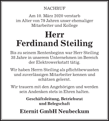 Traueranzeige von Ferdinand Steiling von Die Glocke