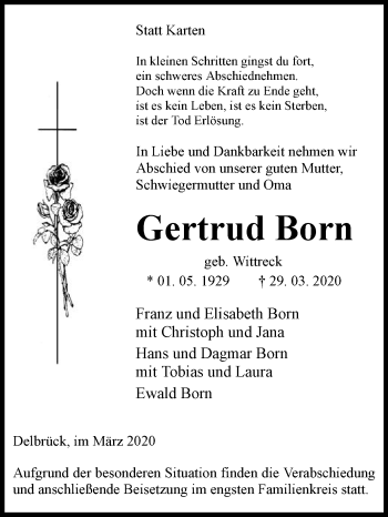 Traueranzeige von Gertrud Born von Die Glocke