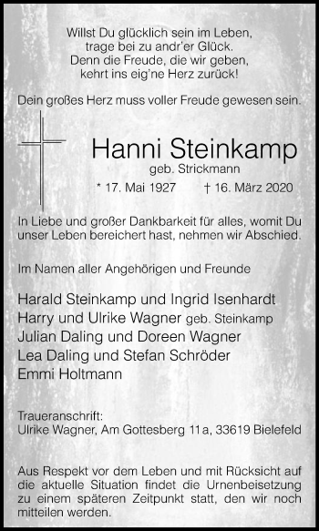 Traueranzeige von Hanni Steinkamp von Die Glocke