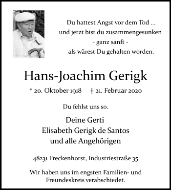 Traueranzeige von Hans-Joachim Gerigk von Die Glocke