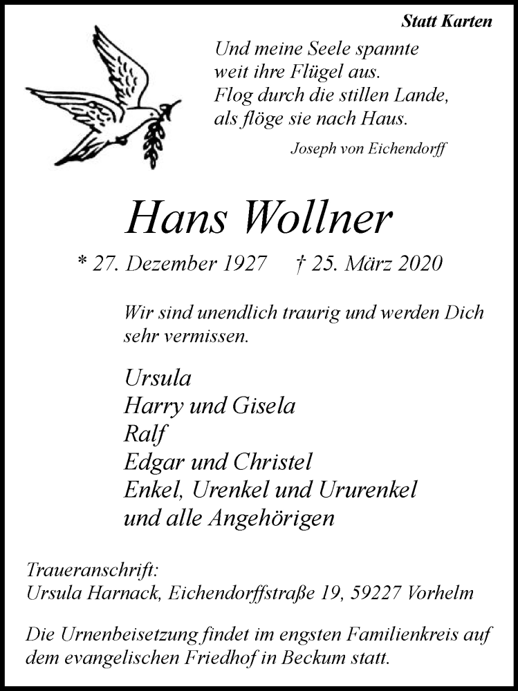  Traueranzeige für Hans Wollner vom 28.03.2020 aus Die Glocke