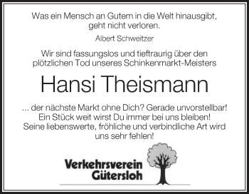 Traueranzeige von Hansi Theismann von Die Glocke