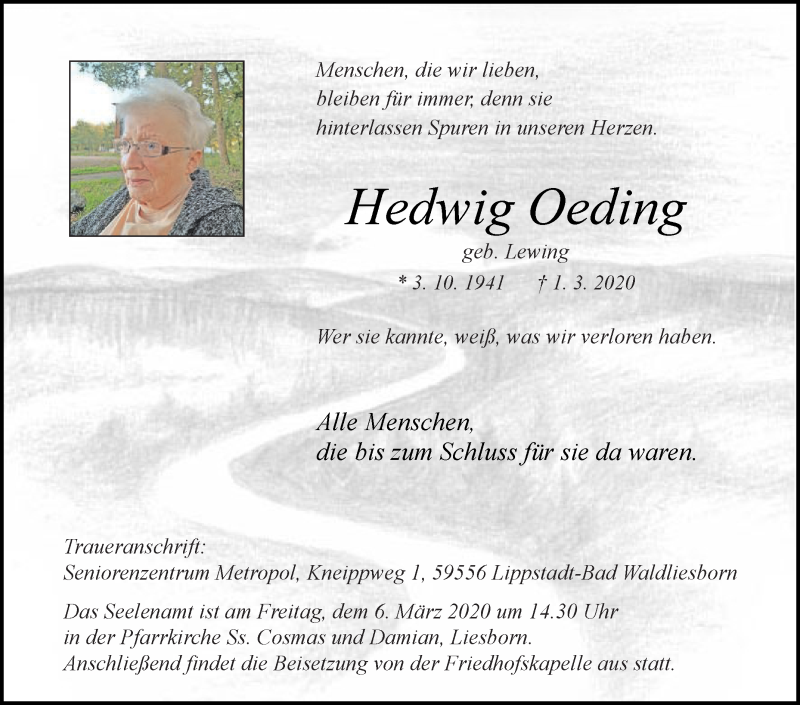  Traueranzeige für Hedwig Oeding vom 04.03.2020 aus Die Glocke