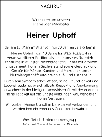 Traueranzeige von Heiner Uphoff von Die Glocke