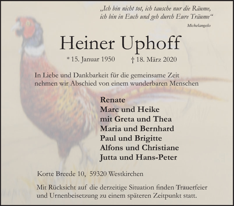  Traueranzeige für Heiner Uphoff vom 21.03.2020 aus Die Glocke