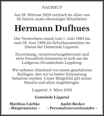 Traueranzeige von Hermann Dufhues von Die Glocke