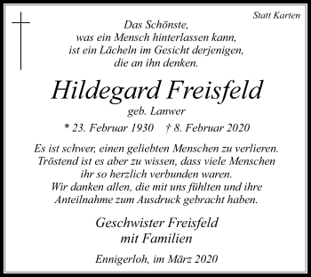 Traueranzeige von Hildegard Freisfeld von Die Glocke