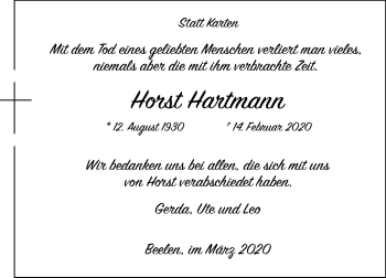 Traueranzeige von Horst Hartmann von Die Glocke