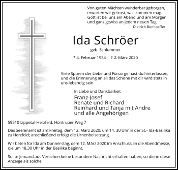 Traueranzeige von Ida Schröer von Die Glocke