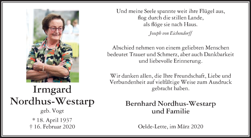  Traueranzeige für Irmgard Nordhus-Westarp vom 21.03.2020 aus Die Glocke
