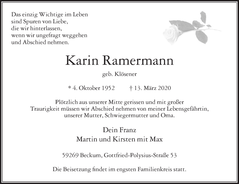  Traueranzeige für Karin Ramermann vom 21.03.2020 aus Die Glocke