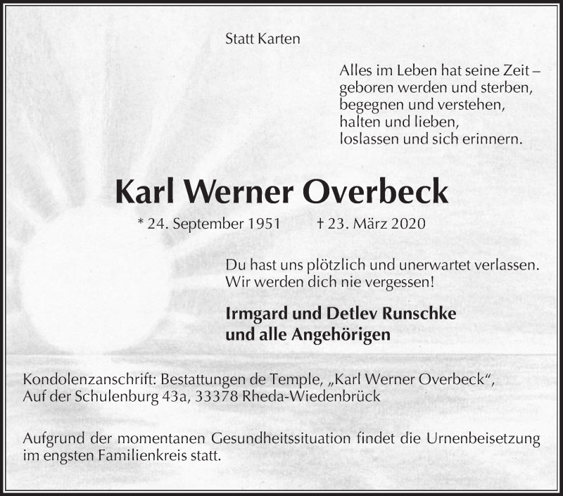  Traueranzeige für Karl Werner Overbeck vom 25.03.2020 aus Die Glocke