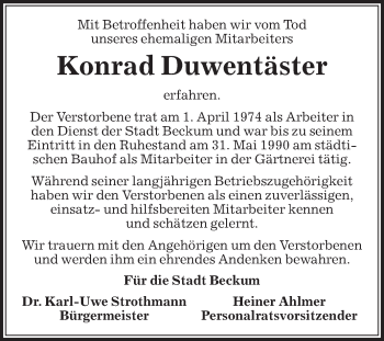 Traueranzeige von Konrad Duwentäster von Die Glocke