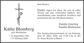 Traueranzeige von Käthe Blomberg von Die Glocke