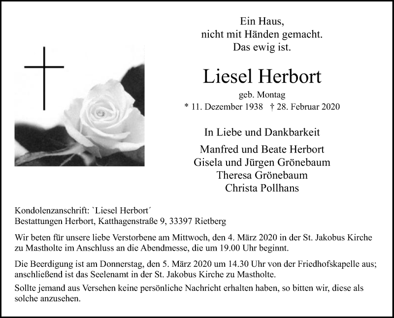  Traueranzeige für Liesel Herbort vom 03.03.2020 aus Die Glocke