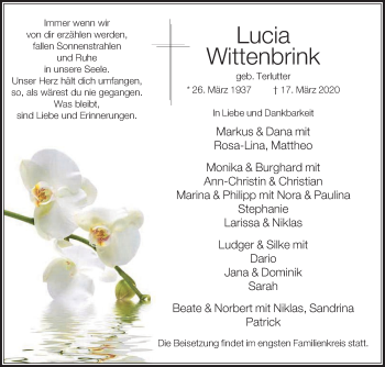 Traueranzeige von Lucia Wittenbrink von Die Glocke