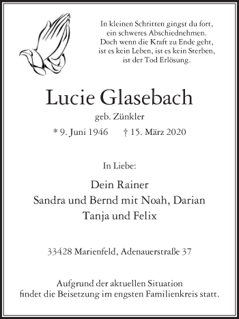 Traueranzeige von Lucie Glasebach von Die Glocke