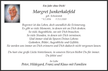 Traueranzeige von Margret Junkerkalefeld von Die Glocke